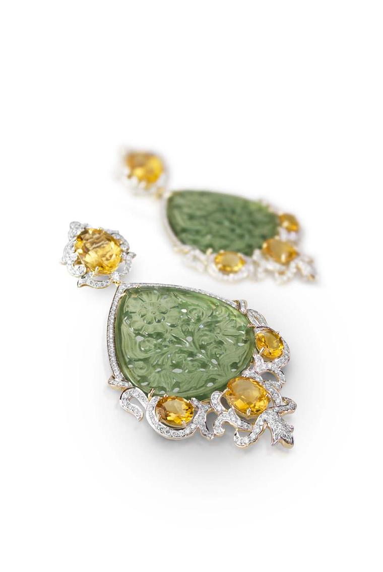 Farah Khan earrings featuring carved serpentine and citrines.