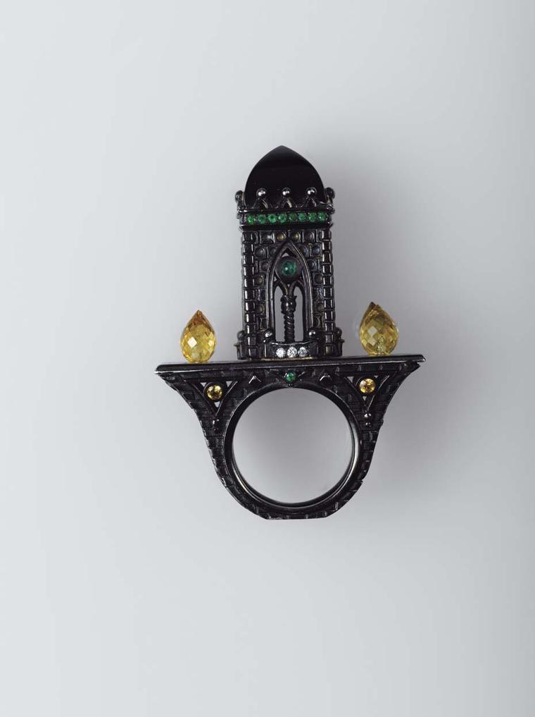 Jean Boggio Palace ring featuring emerald, citrine, onyx and white diamonds.