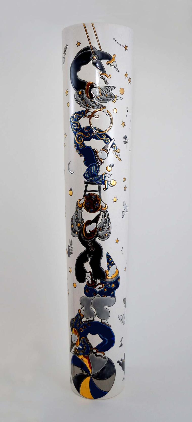 Jean Boggio Acrobates earthenware and enamel vases with platinum and gold come in a limited edition of 100, all signed and numbered.