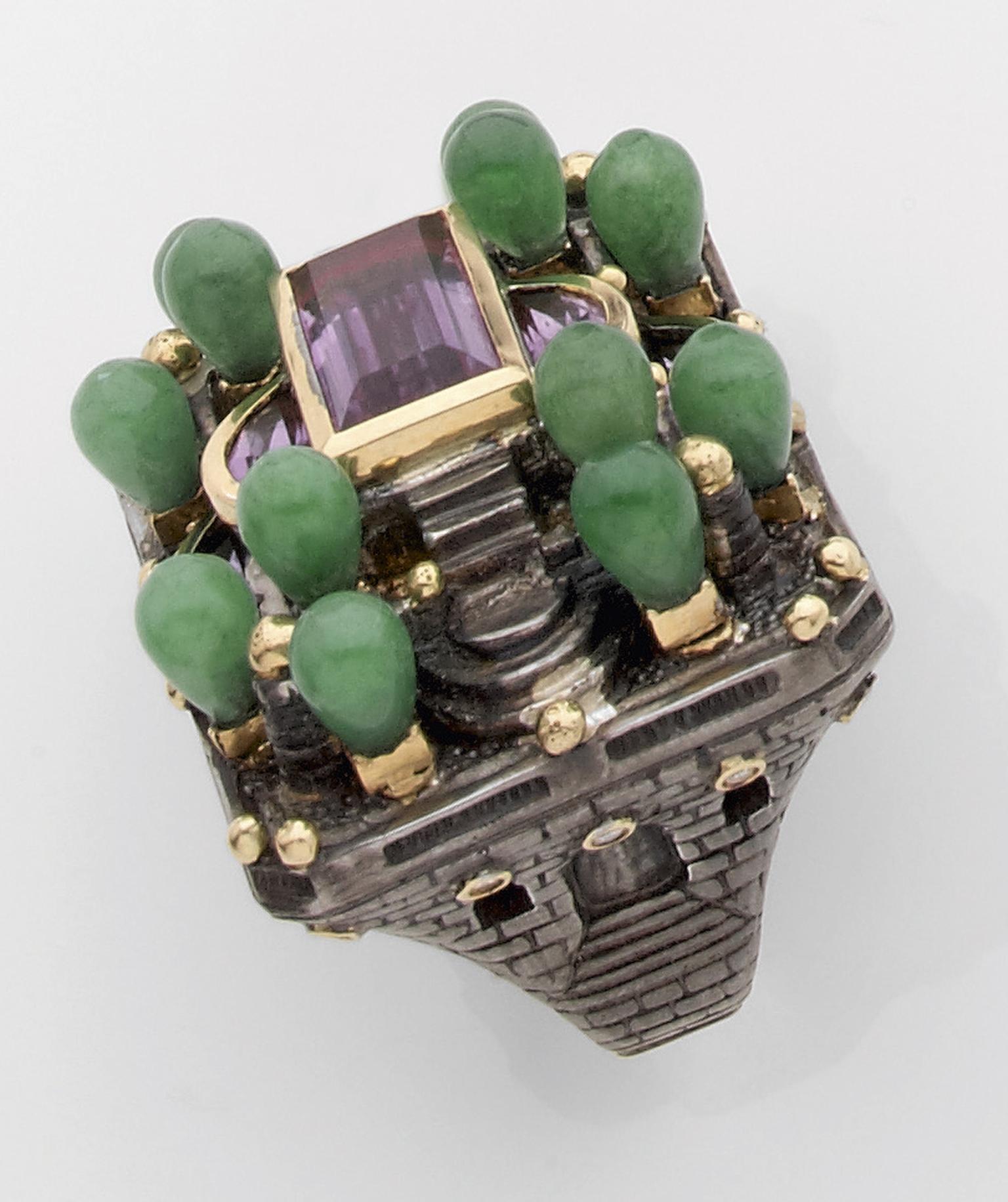 Jean Boggio Le Verger des Délices ring in yellow gold and silver with amethyst, jade and diamonds.