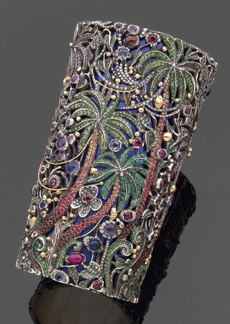 Jean Boggio Jungle cuff in gold and silver with amethyst, aquamarine, emerald, garnet, tsavorite and blue topaz.