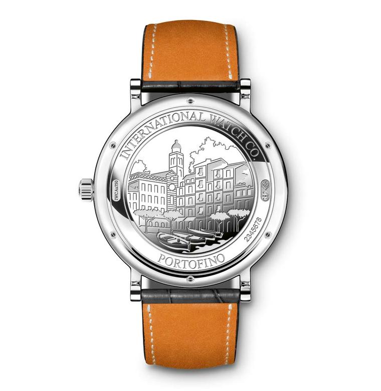The case of each IWC Portofino watch is decorated on the back with an engraving of Portofino harbour.