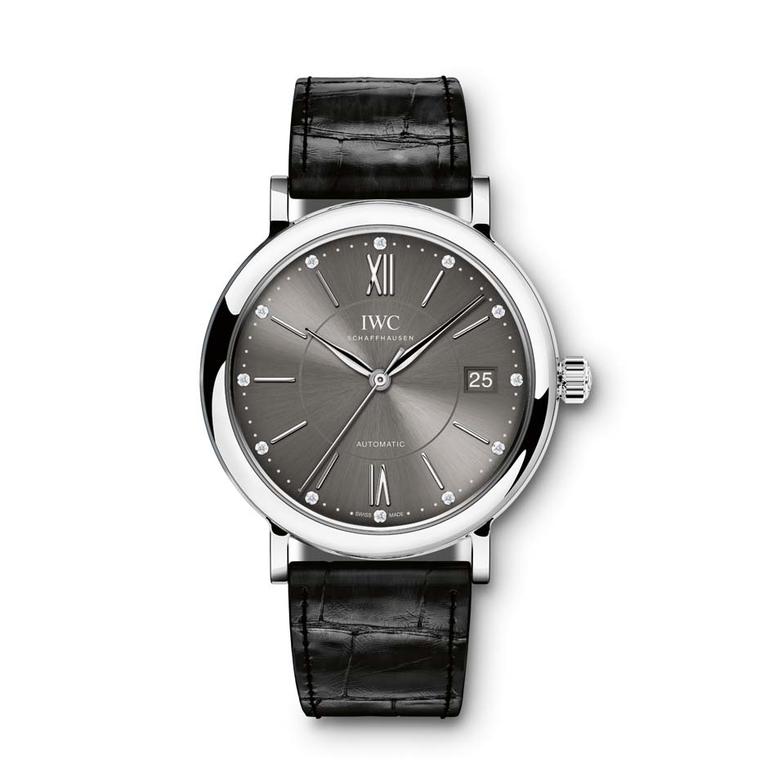 IWC Schaffhausen's Portofino Midsize Automatic Ref. IW458102 watch features a stainless steel case, slate-coloured dial set with 12 diamonds and a black alligator leather strap with a stainless steel pin buckle.