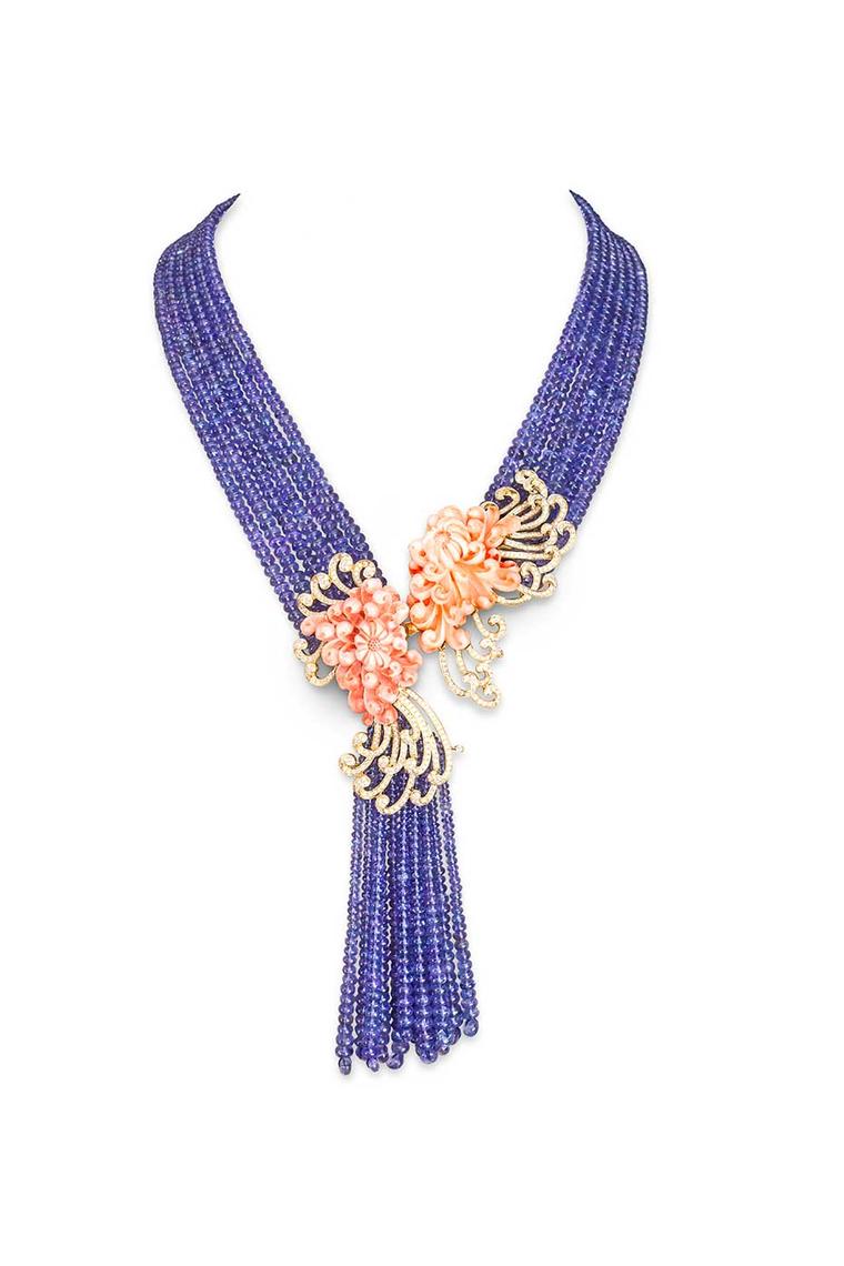 Farah Khan's asymmetric coral necklace strung on tanzanite beads.