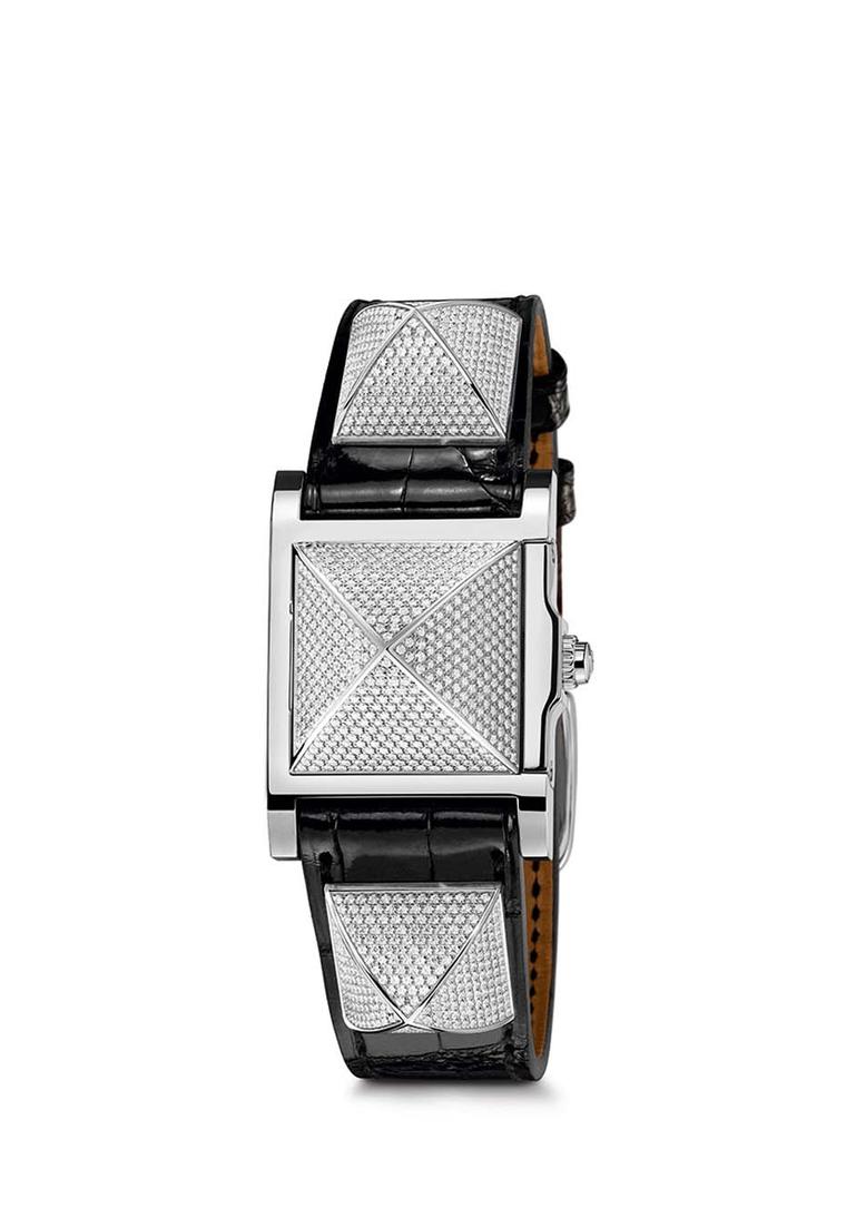 The new Hermès Médor collection, available in two sizes, Mini and PM, with rose gold or stainless steel studs, is the closest thing to genteel punk in the watch world. Pictured here is the PM version with a smooth black alligator strap and stainless steel