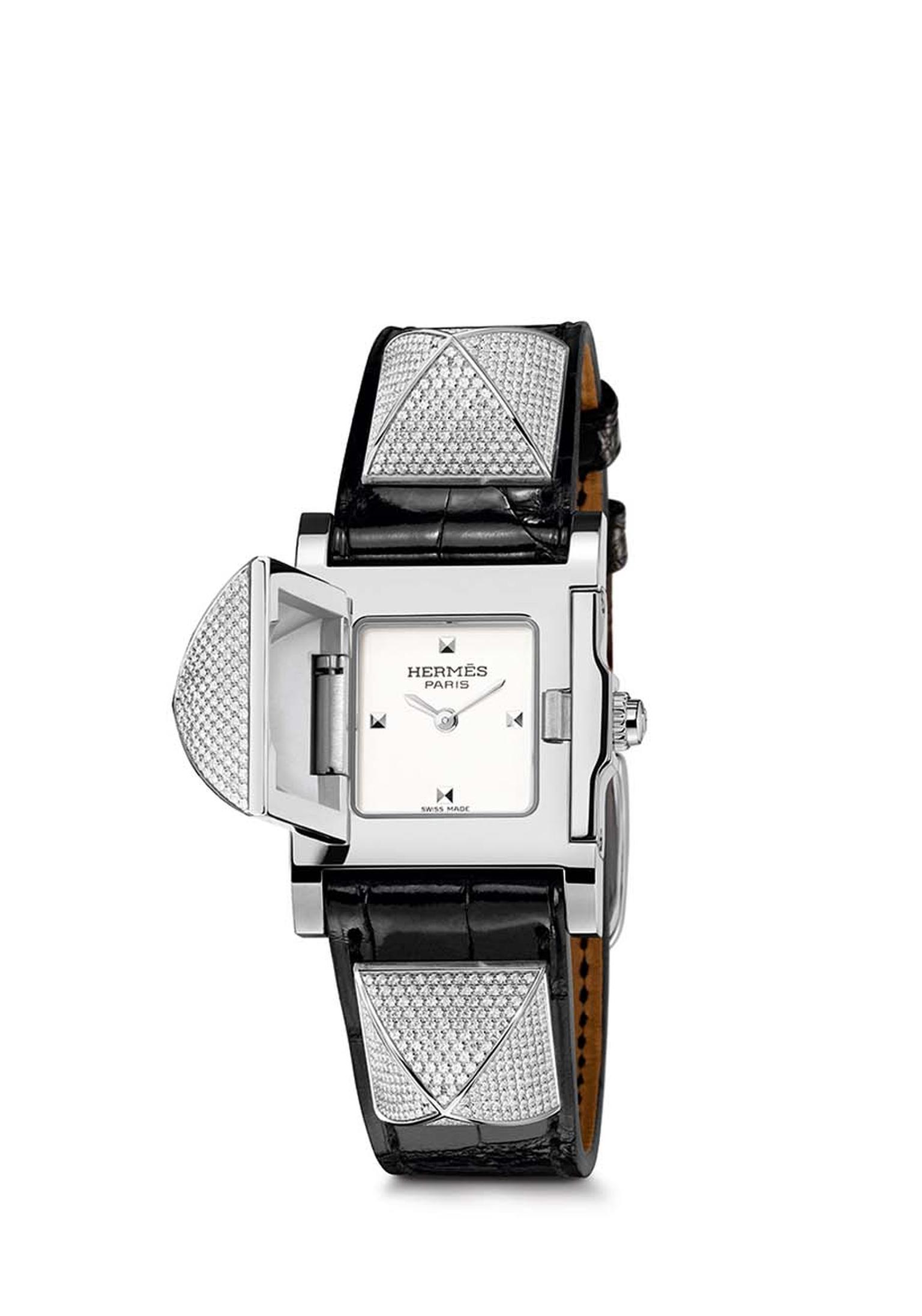 Hermès Médor smooth black alligator PM watch set with a total of 499 diamonds.