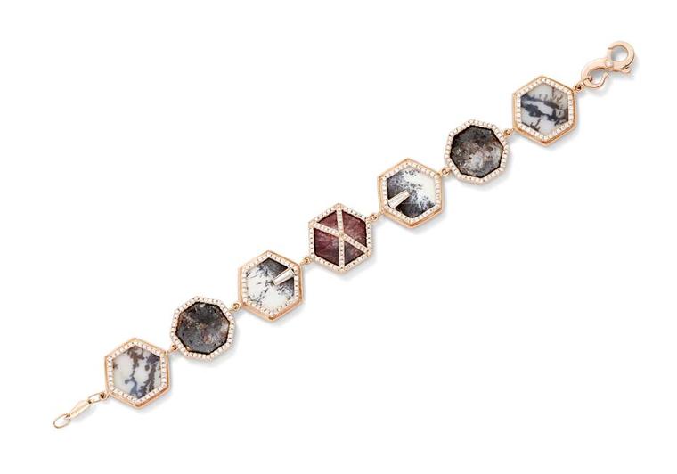 Monique Péan's one-of-a-kind bracelet from the Seto collection features a central textured eudialyte stone surrounded by dendritic opal, violane and dendritic agate set in gold and diamond hexagons.