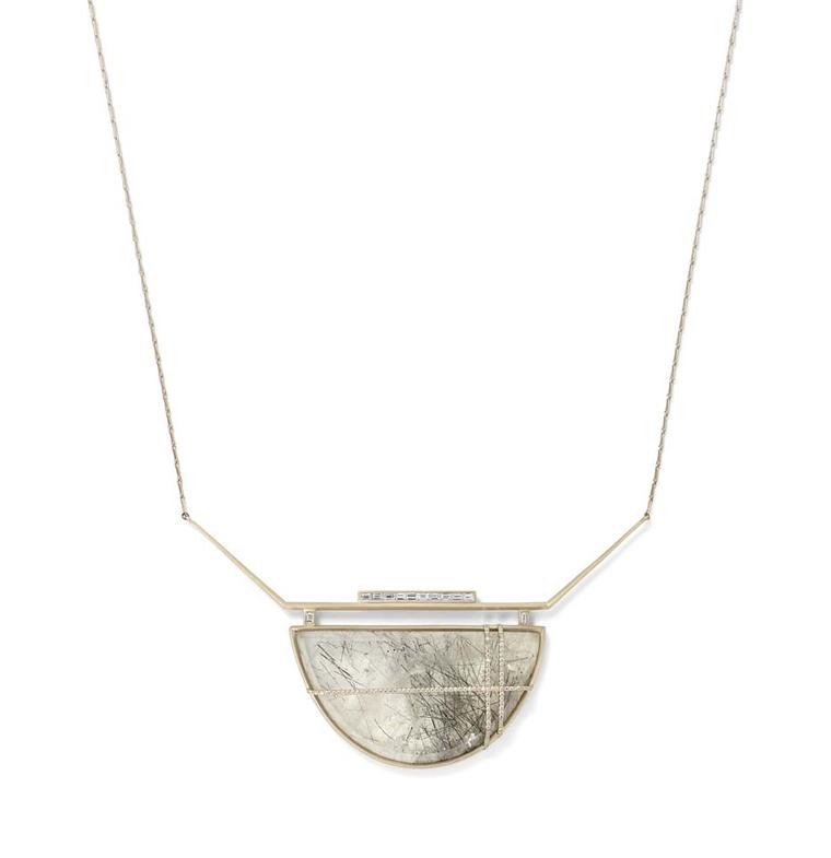 Monique Péan Seto collection necklace with baguette and pavé diamonds aligned around a central rutile stone.