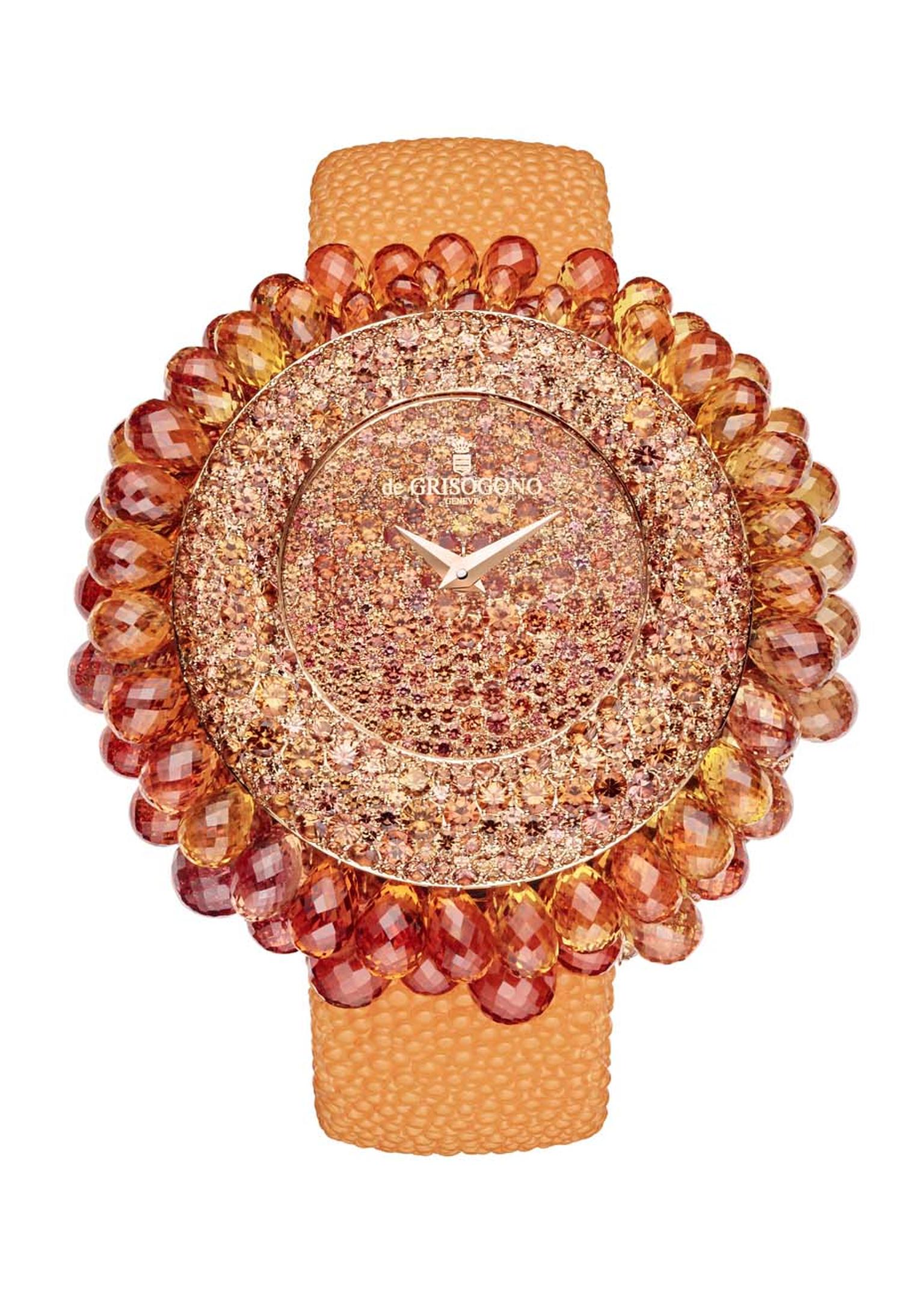 de GRISOGONO's Grappoli watch is the fruit of expert gem-setters and stone cutters. A total of 120 hours is spent on each de GRISOGONO Grappoli masterpiece.