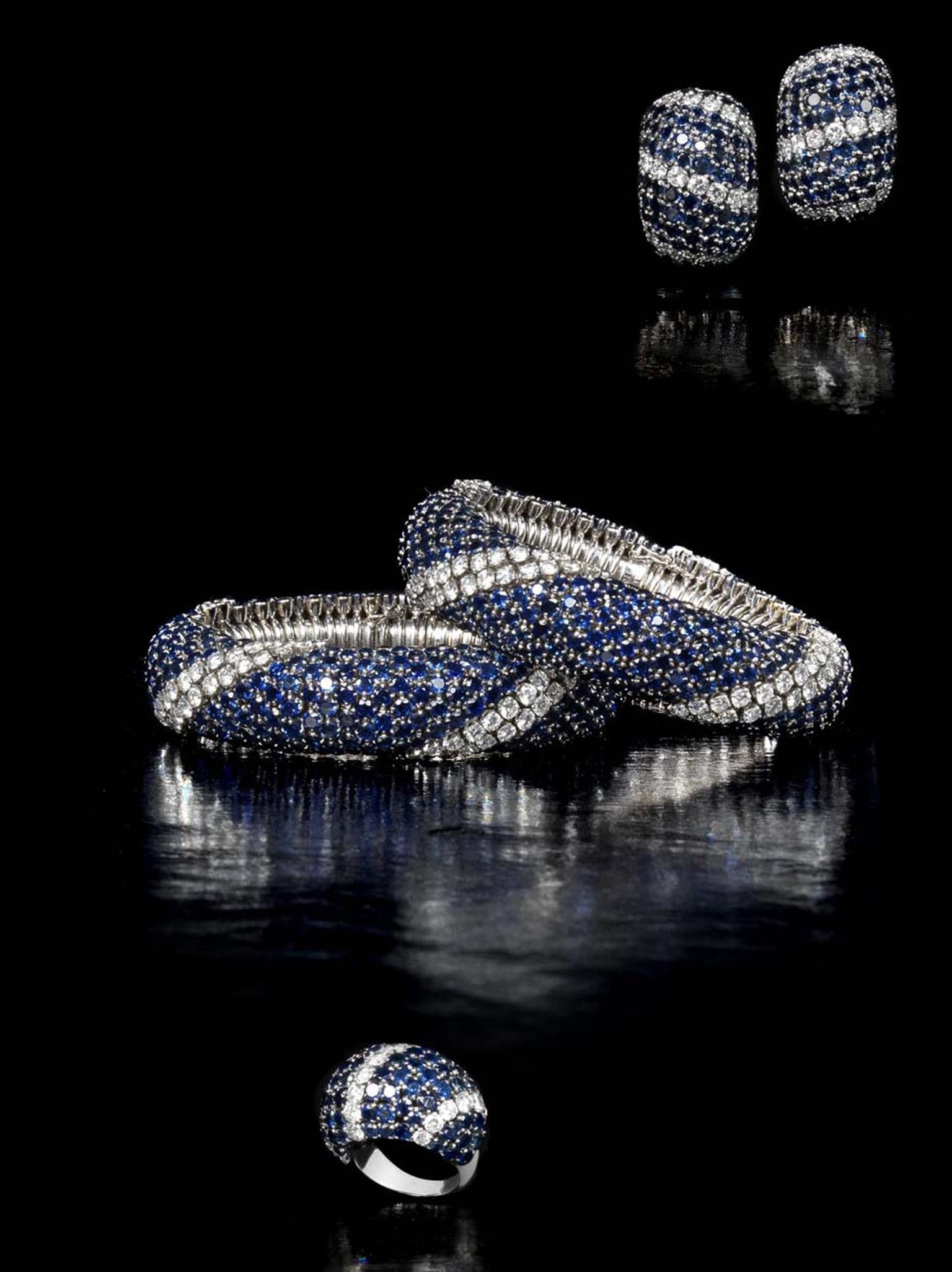 A Van Cleef & Arpels sapphire and diamond “lawn” suite, comprising a choker and bracelet sold during the Bonhams sale for £146,500.