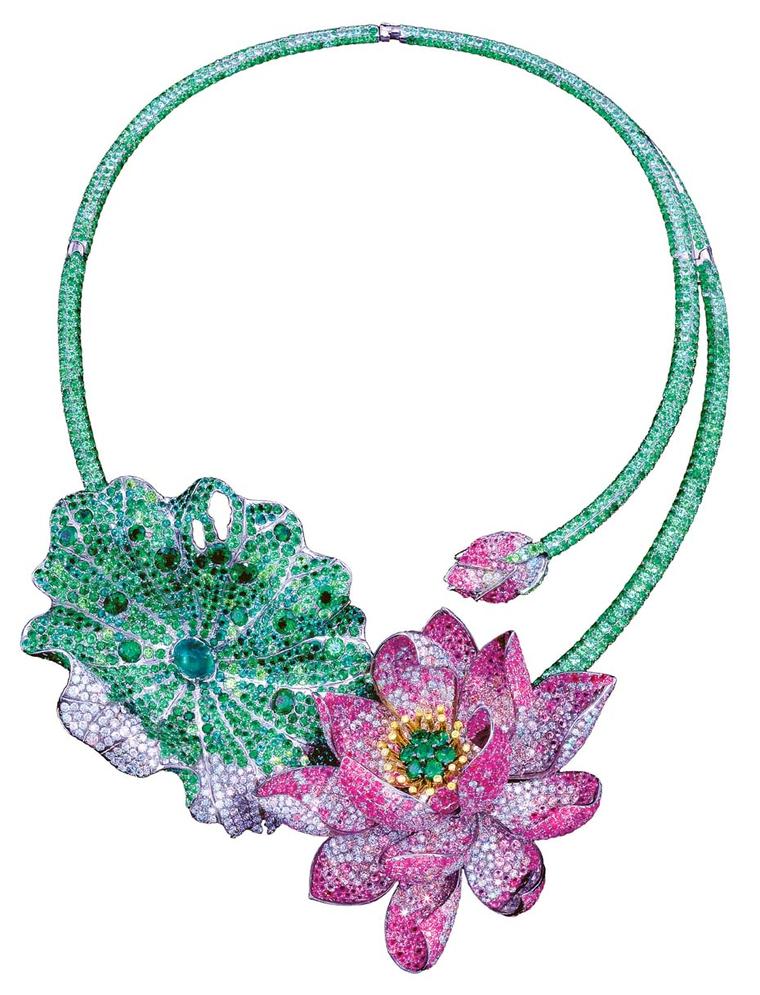 Anna Hu's Art Nouveau-style Celestial Lotus necklace features natural Fancy Intense vivid yellow, grey and white diamonds, natural Burmese rubies, Colombian emeralds, demantoid garnets, tsavorites, and multi-coloured pink sapphires, set in titanium.