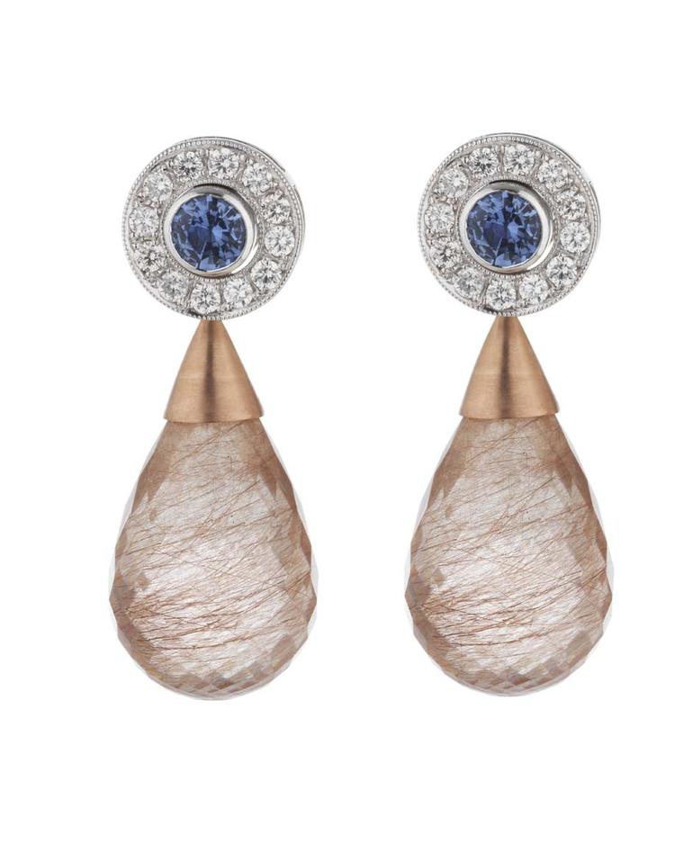 Holts London interchangeable Regent earrings with sapphire stud centres surrounded by diamonds and rutilated quartz drops (sapphire and diamond studs £4,495; rutilated quartz drops £650).