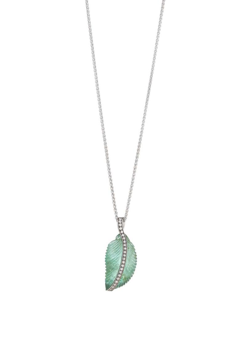 Holts London Park Life pendant featuring a carved emerald leaf set in white gold with brilliant-cut diamonds making their way through the vein of the leaf (£3,250).