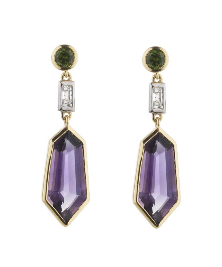 Holts London Eltham earrings with amethyst drops set in mixed metal with green demantoid garnet studs (£3,340).