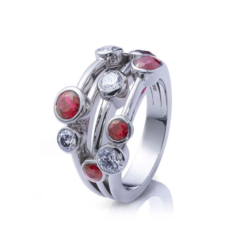 Boodles Raindance Classic ruby ring with three bands set with brilliant-cut rubies and diamonds in platinum.