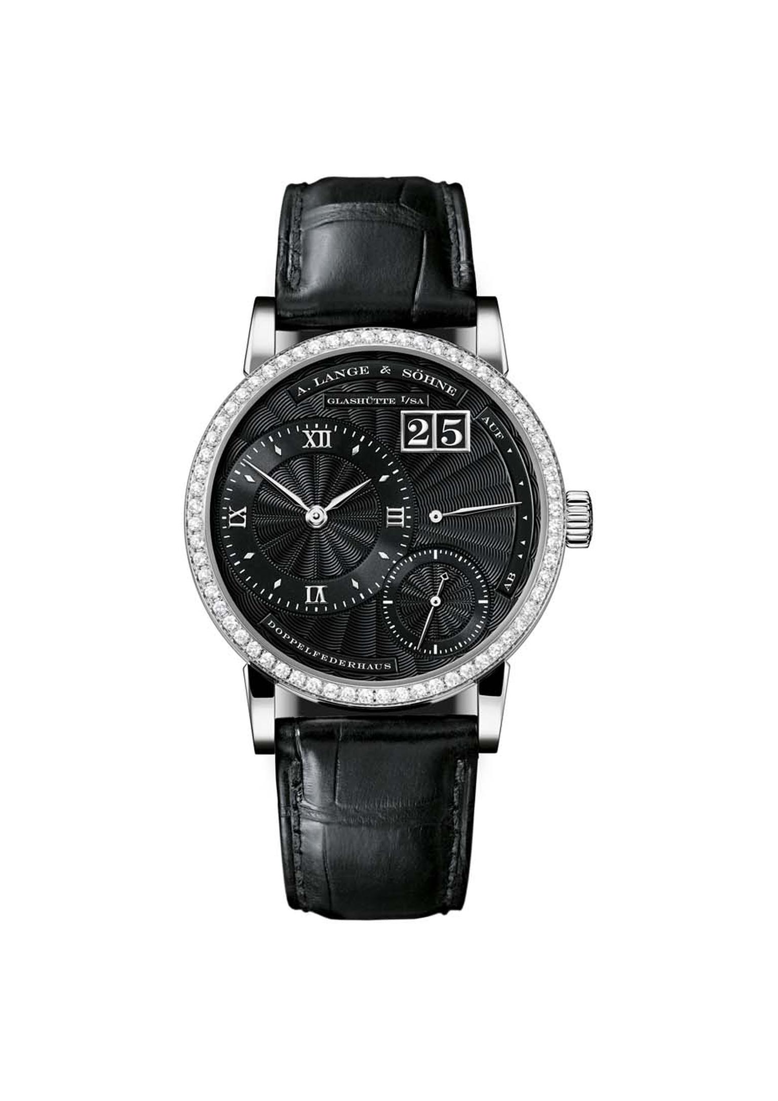 The pair to the A.Lange & Söhne Lange 1 watch in black is the Little Lange 1 watch for women, which measures 36.1mm across and has a diamond-set bezel.