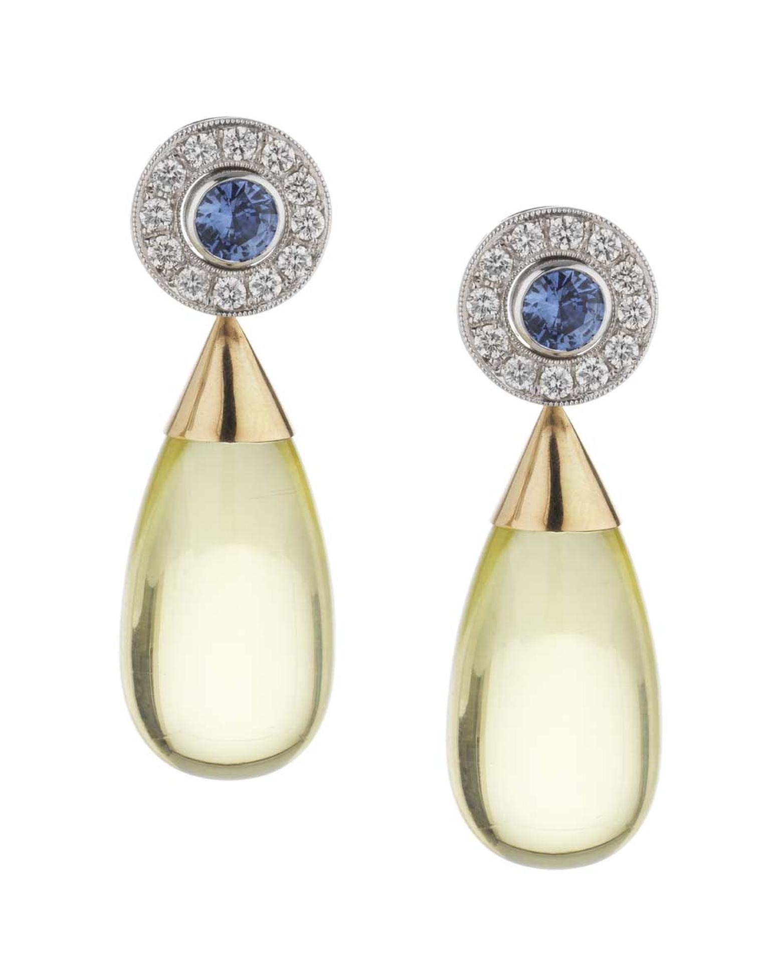 Holts London interchangeable Regent earrings with sapphire stud centres surrounded by diamonds and lemon quartz drops (sapphire and diamond studs £4,495; lemon quartz drops £650).