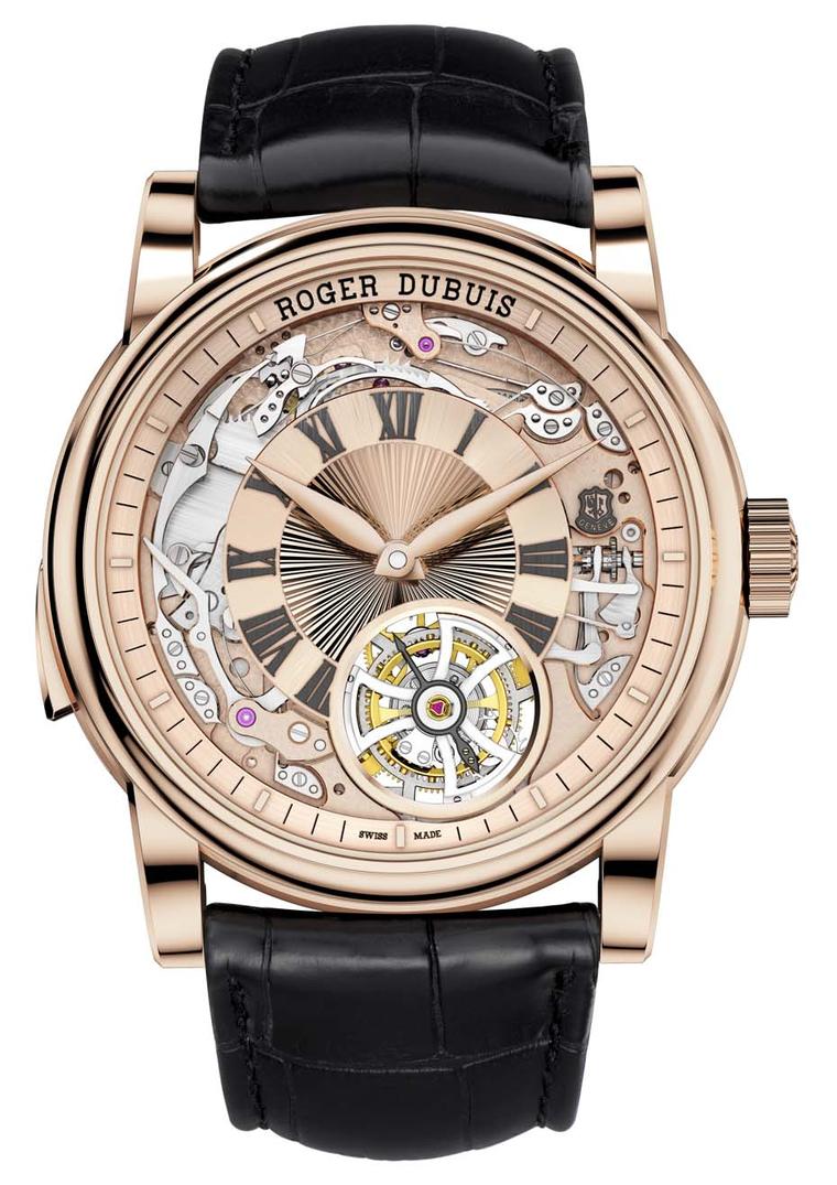 Roger Dubuis' new Hommage Minute Repeater Tourbillon Automatic watch features a rose gold, semi-skeletonised dial that reveals the heart and soul of the complex mechanics required to chime time and keep a tourbillon spinning.