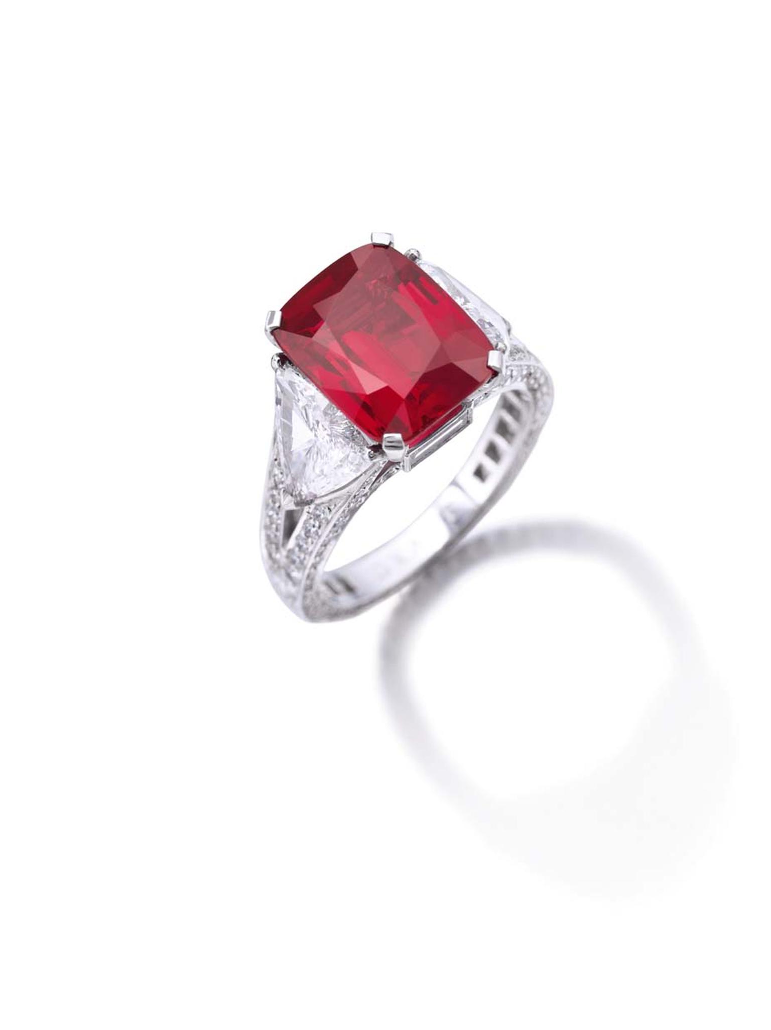 A Graff Ruby ring featuring a cushion-cut 8.62ct Burmese ruby in a “pigeon’s blood” shade of red (estimate:US $6.8 - 9 million).