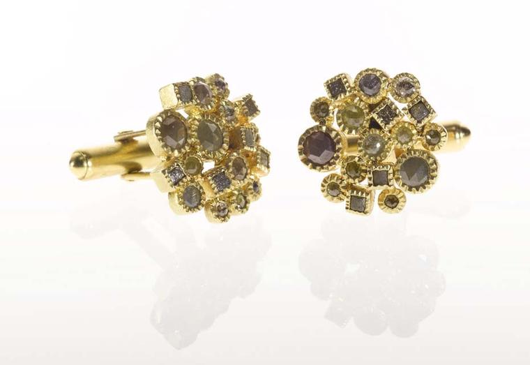 Todd Reed cufflinks in gold with 4.77ct of rose-cut diamonds and raw diamond cubes.