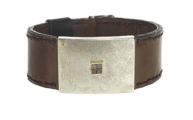 Todd Reed bracelet, from the new Men's Jewelry Collection, in yellow gold and sterling silver, with raw diamonds and a leather strap.