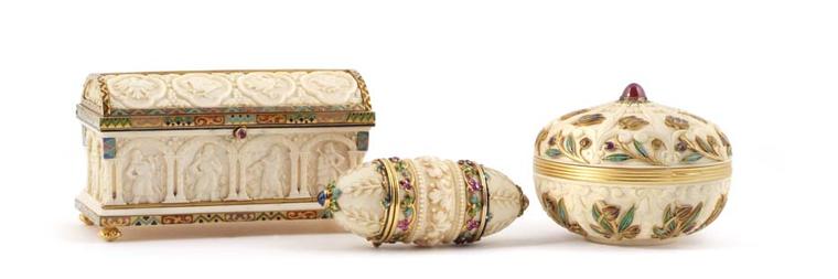 These one-of-a-kind bejewelled enamel and ivory containers, exhibited at Fine Art Asia by Symbolic & Chase, were crafted by the celebrated jeweller George Le Sache for Boucheron in the late 19th century.
