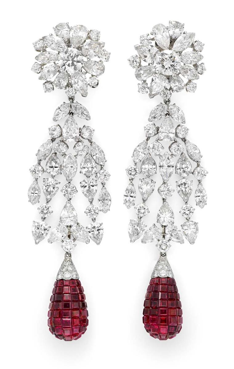 Simon Teakle Fine Jewellery, USA, is exhibiting a rare pair of Van Cleef & Arpels mystery set ruby and diamond earrings circa 1930.