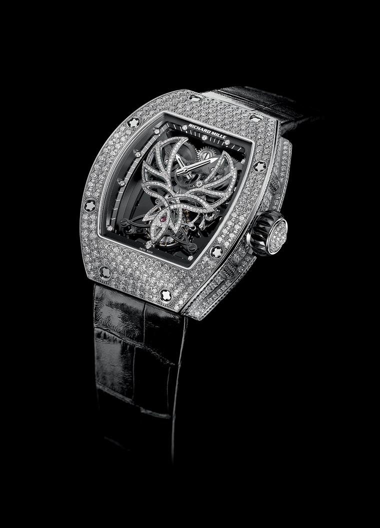 The Richard Mille RM 051 Phoenix watch, created in collaboration with Michelle Yeoh, with a white gold, gem-set case and manual winding tourbillon movement.