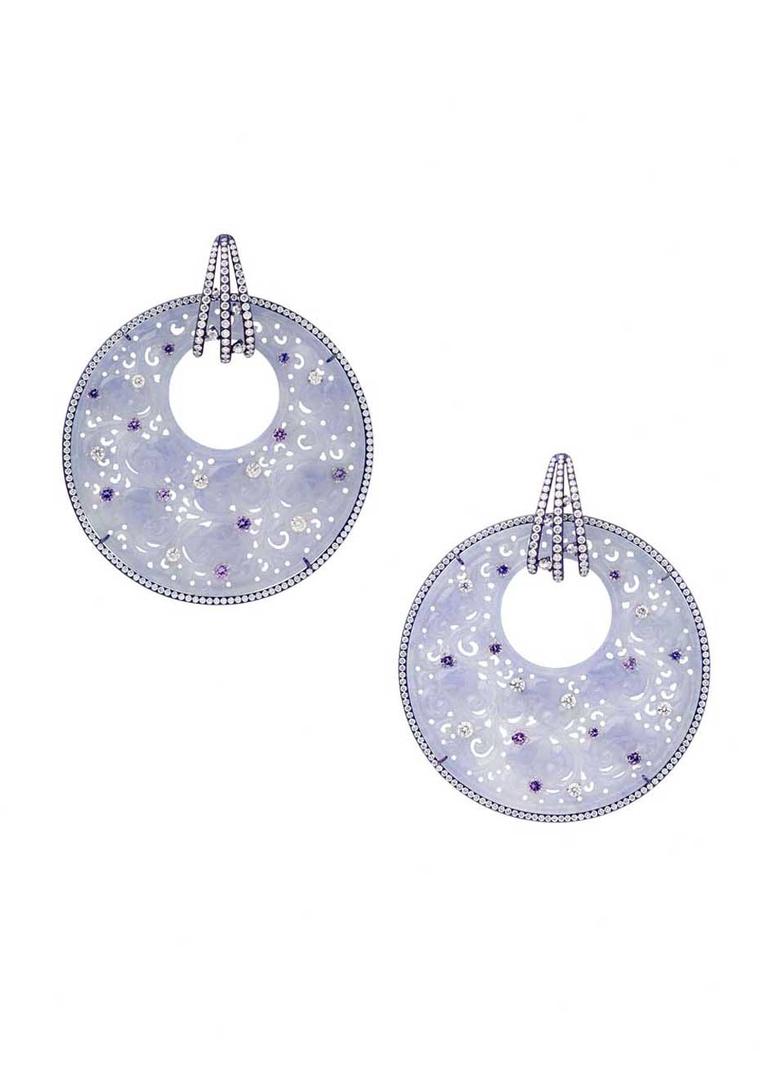 Suzanne Syz Shanghai Lilly earrings in titanium set with 117.40ct of purple jade, purple sapphires and 5.49ct of diamonds.