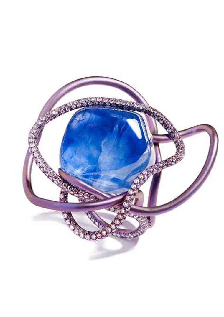Suzanne Syz Sugar Baby Love titanium ring with a 51.99ct centre cabochon sapphire surrounded by more than 400 pink diamonds.