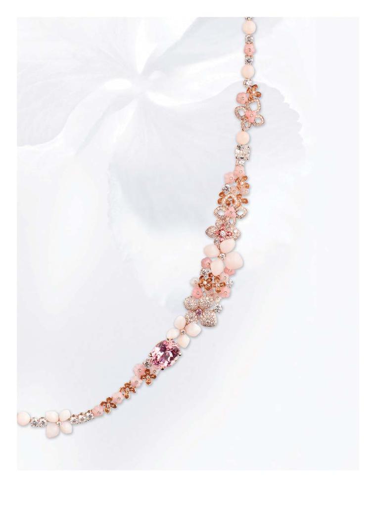 Chaumet Hortensia necklace in pink gold set with angel-skin coral, pink opal, marquise-cut pink tourmalines, brilliant-cut pink sapphires and brilliant-cut diamonds.