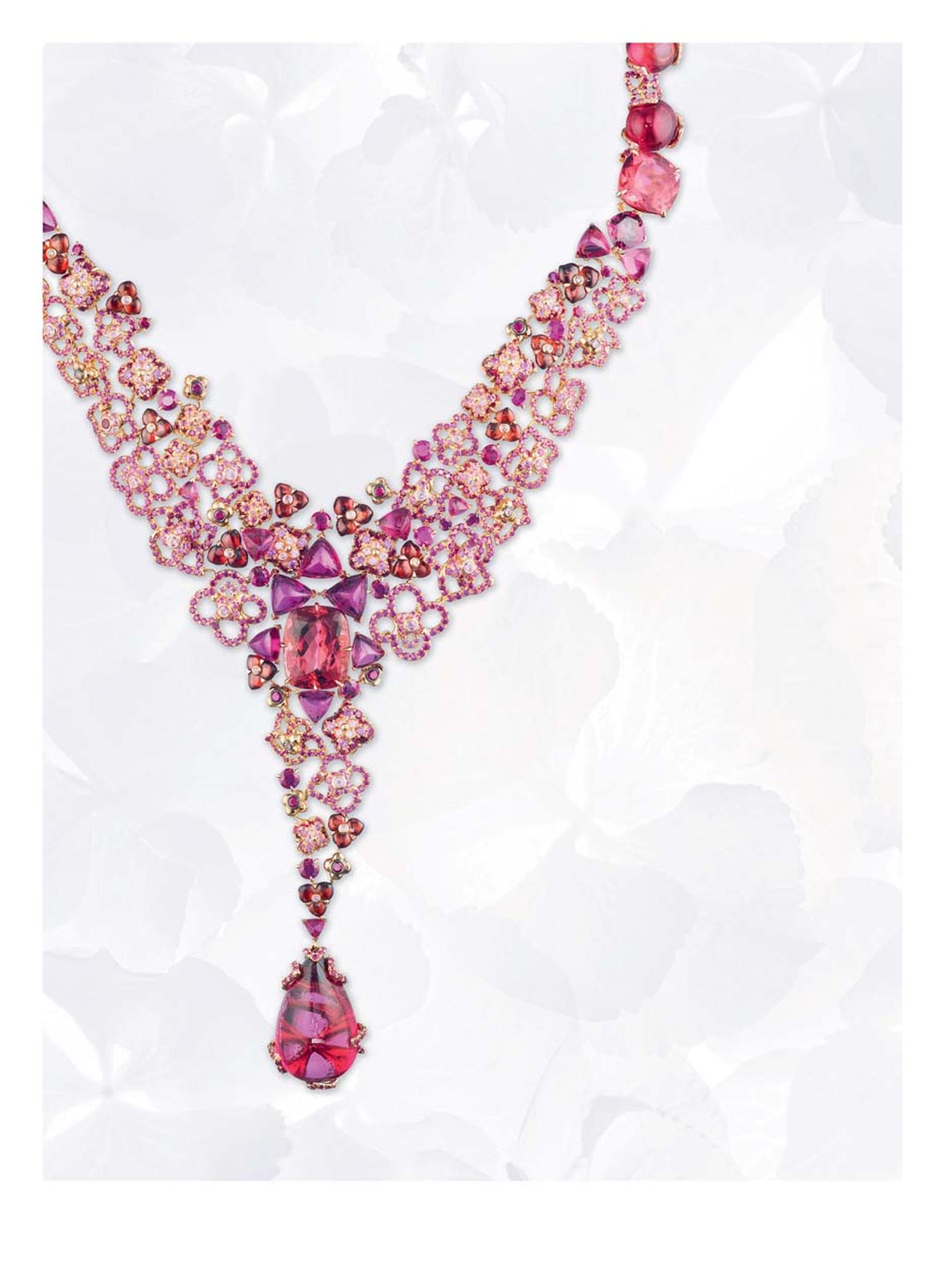 Chaumet Hortensia pink gold necklace with rubies, pink sapphires, rhodolite garnets, red and pink tourmalines and a 25.68ct cabochon-cut pear-shaped red tourmaline drop.
