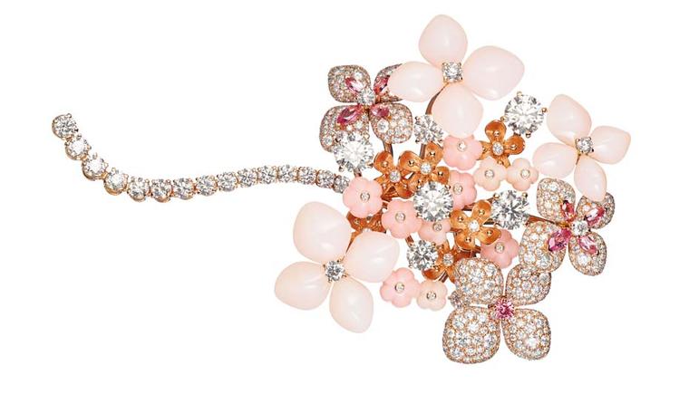 Chaumet Hortensia brooch in pink gold set with angel-skin coral, pink opal, marquise-cut pink tourmalines, brilliant-cut pink sapphires and brilliant-cut diamonds.