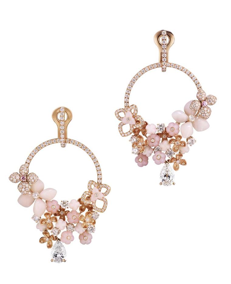 Chaumet Hortensia earrings in pink gold set with angel-skin coral, pink opal, marquise-cut pink tourmalines and brilliant-cut diamonds.