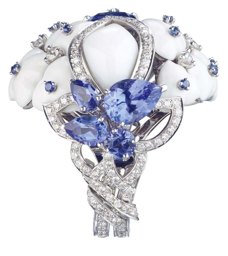 Chaumet Hortensia ring in platinum set with white opal, diamonds, sapphires, tanzanites and a central 2.63ct cushion-cut tanzanite.