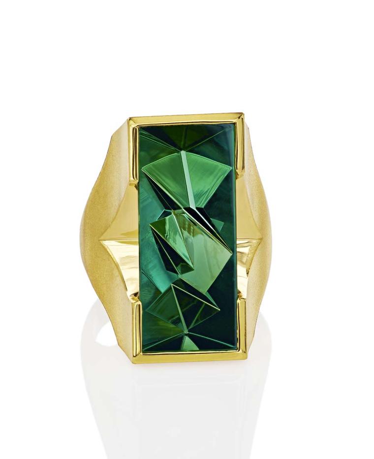Atelier Munsteiner, who has worked with Aaron Faber since the start of his career, is exhibiting this yellow gold ring with a 10.62ct tourmaline at the New York gallery.