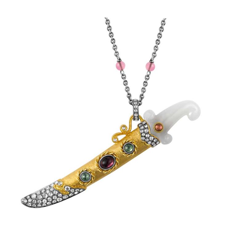 Dickson Yewn Imperial Sword & Amulet collection pendant in black rhodium, white and yellow gold set with diamonds, coral beads, amethyst and tourmaline.