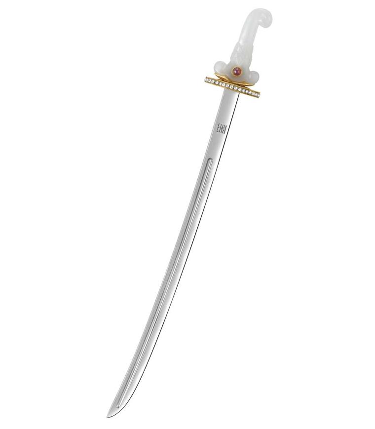Dickson Yewn Imperial Sword & Amulet collection in white and yellow gold with a jade grip and a ruby, diamond and gold guard that can be removed from its scabbard (pictured in the previous photo).