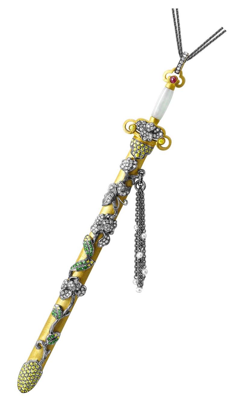 Dickson Yewn Imperial Sword & Amulet collection pendant in black rhodium, white and yellow gold set with brilliant and rose-cut diamonds, rubies, yellow sapphires, tsavorites, jade and seed pearls.