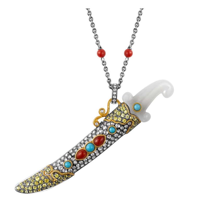 Dickson Yewn Imperial Sword & Amulet collection pendant in black rhodium, white and yellow gold set with brilliant-cut diamonds, yellow sapphires, turquoise, coral and jade.
