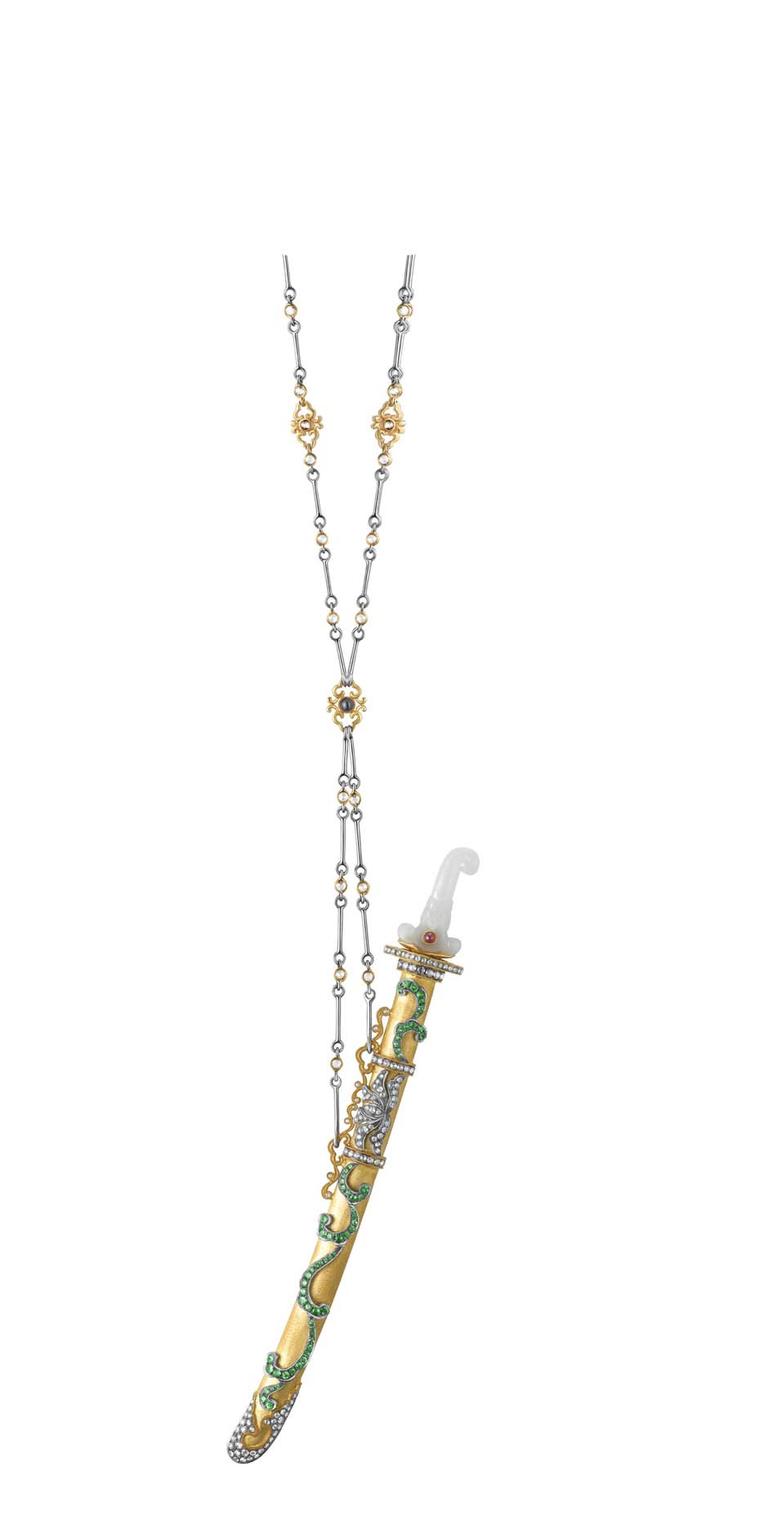 YEWN's Imperial Sword & Amulet Collection pendant with black rhodium, yellow and white gold with brilliant and rose-cut diamonds, rubies, sapphires, tsavorites and jade.