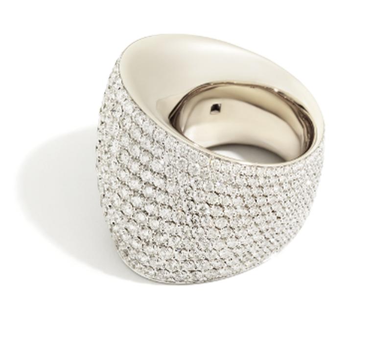 Vhernier Tonneau ring in white gold with white diamonds. An Editorialist exclusive.