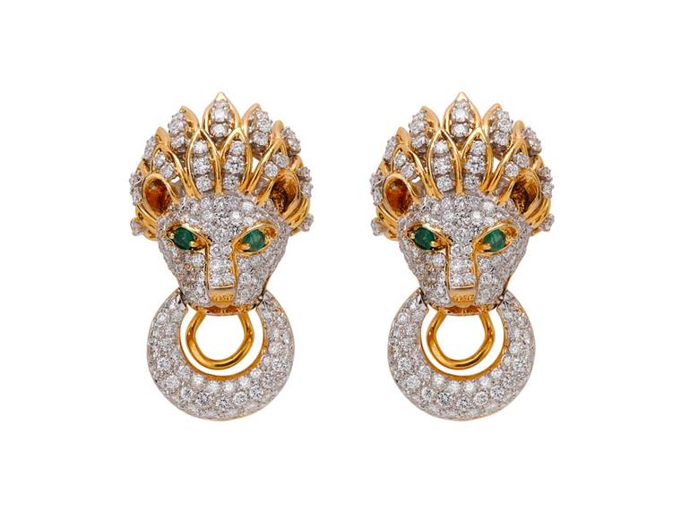 Latest Revival vintage Gold Lion earrings with diamonds, from the Estate Collection.