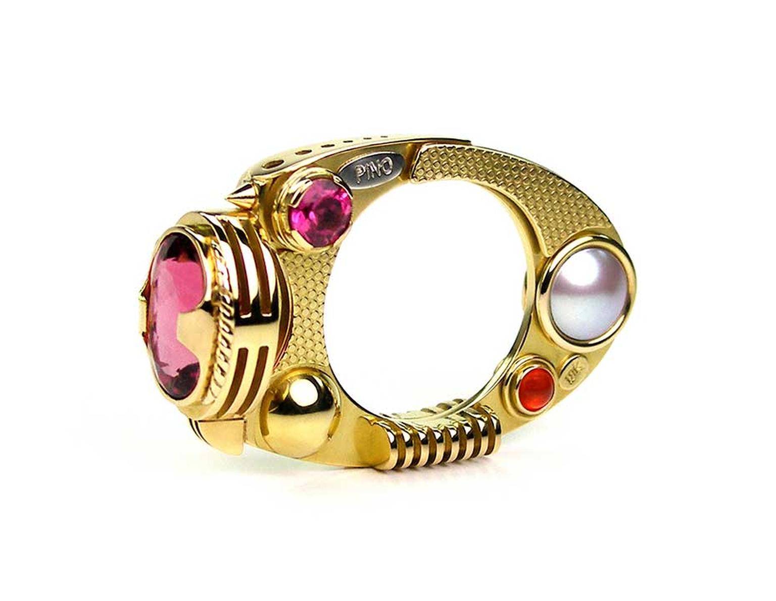 Claudio Pino ring in gold with pink tourmalines, pearls and carnelian at the Aaron Faber Gallery.