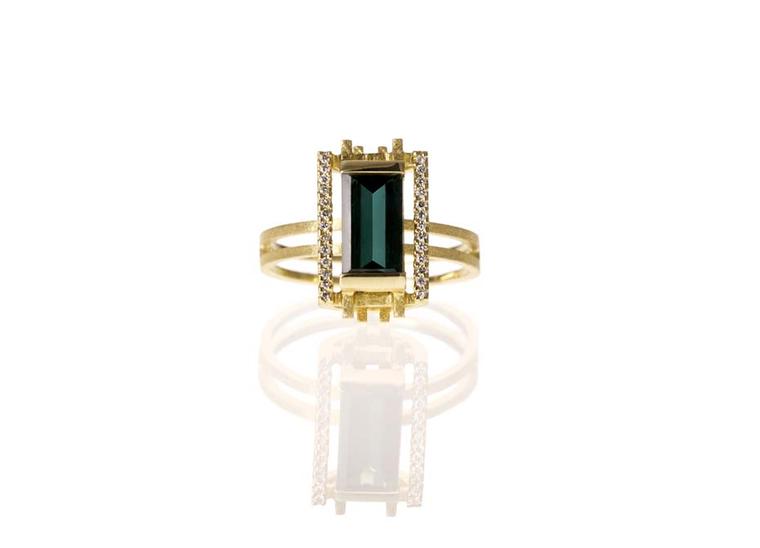 Shimell and Madden's Prism collection Dark Green Frame ring with a mirror-cut, dark green tourmaline, framed by white diamond pavé.