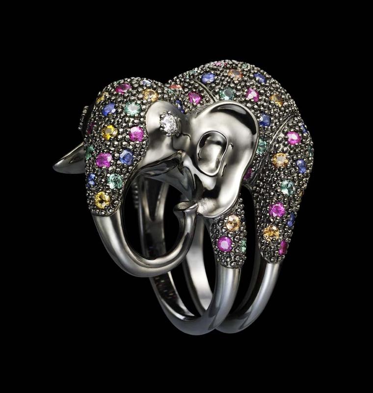 Dashi Namdakov Elephant ring in white gold and black rhodium with diamonds, sapphires, rubies and emeralds.