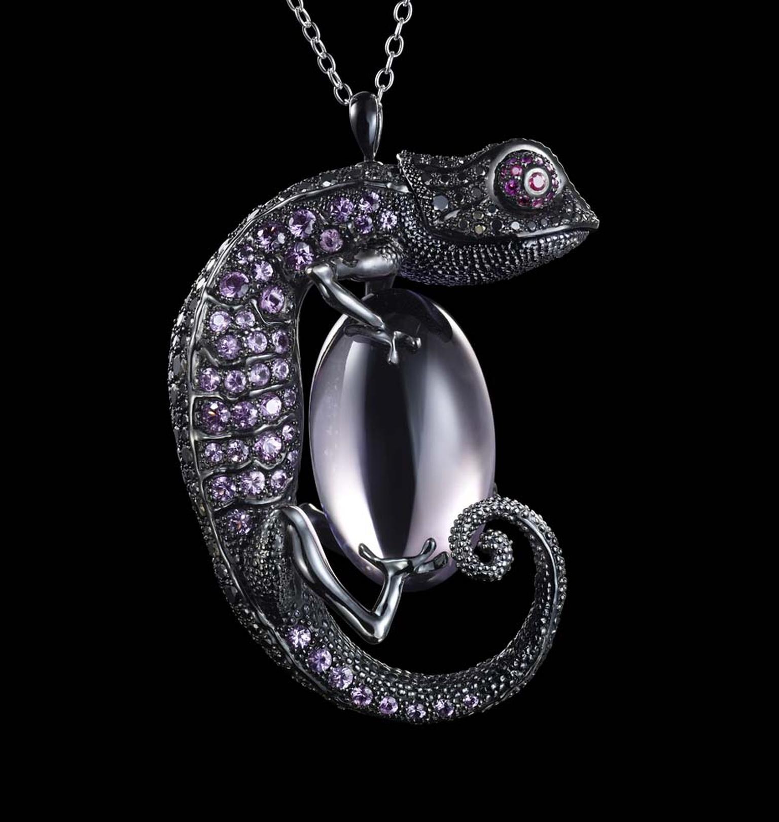 Dashi Namdakov Chameleon pendant in white gold and black rhodium with black diamonds, rubies, sapphires and amethysts.