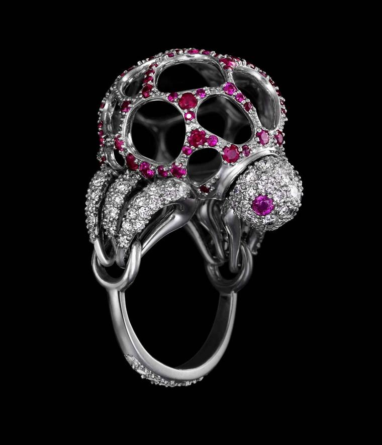 Dashi Namdakov diamond and ruby Bumble Bee ring in white gold and white and black rhodium.