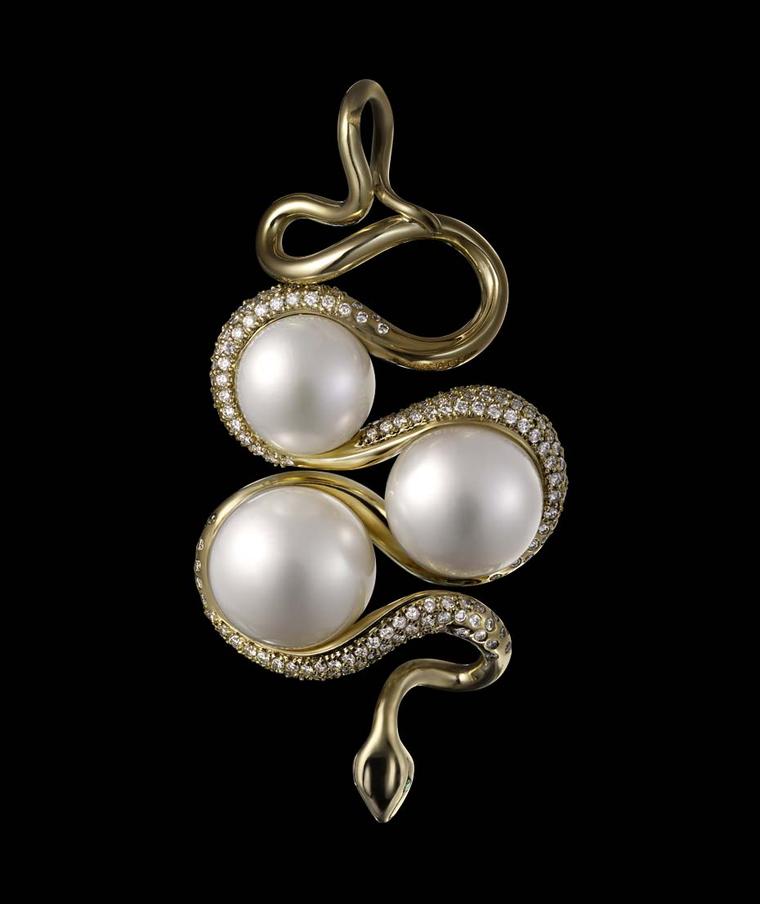 Dashi Namdakov Golden Snake pendant with diamonds, pearls and emeralds.