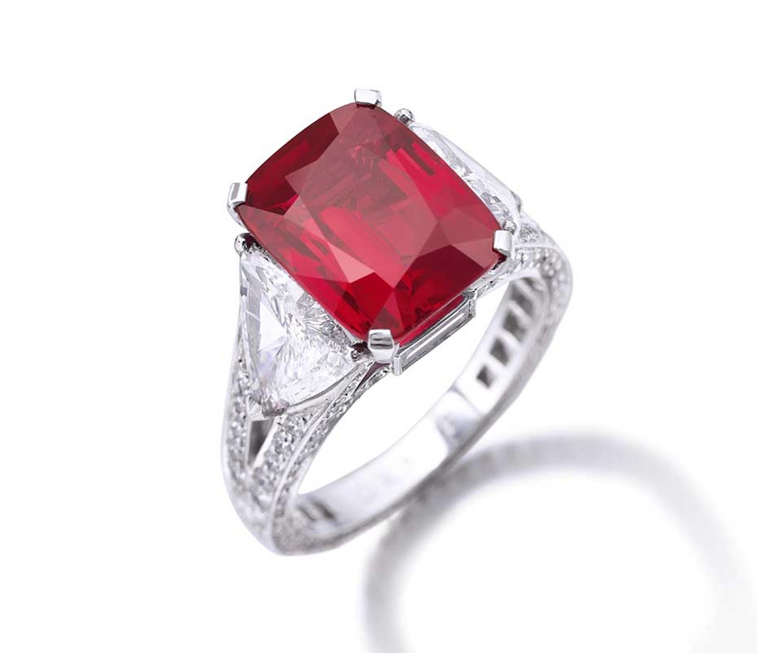 A rare Graff ruby ring featuring a cushion-cut 8.62ct Burmese ruby in a “pigeon’s blood” shade of red (estimate: US$6.8-9 million) leads the sale of Dimitri Mavrommatis' private collection of jewels at Sotheby's Geneva on 12 November 2014.